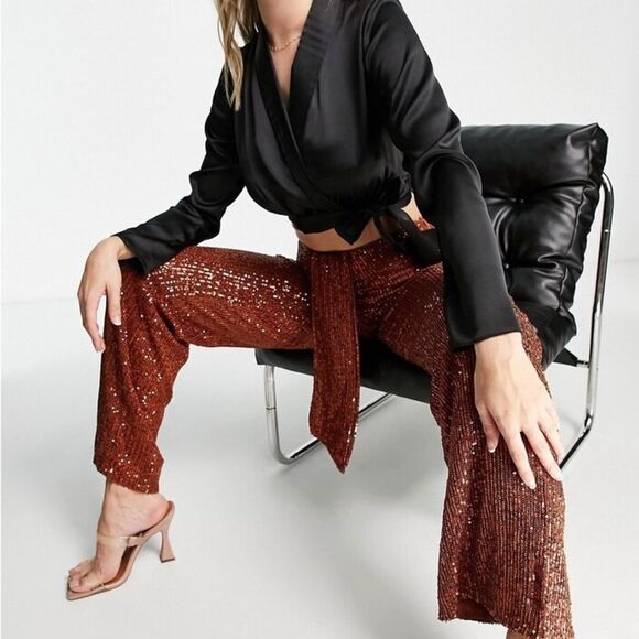 NWT In The Style exclusive wide leg sequin trouser size 4 US/ 8 UK - Picture 1 of 13